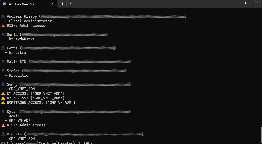 JML Monitor – PowerShell-output som visar access drift, nya behörigheter och administrativa risker